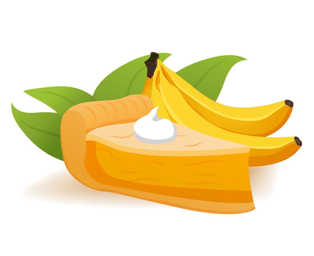 Slice of banana pie with topping whipped cream. Tropical fruit dessert concept. Realistic vector illustration.