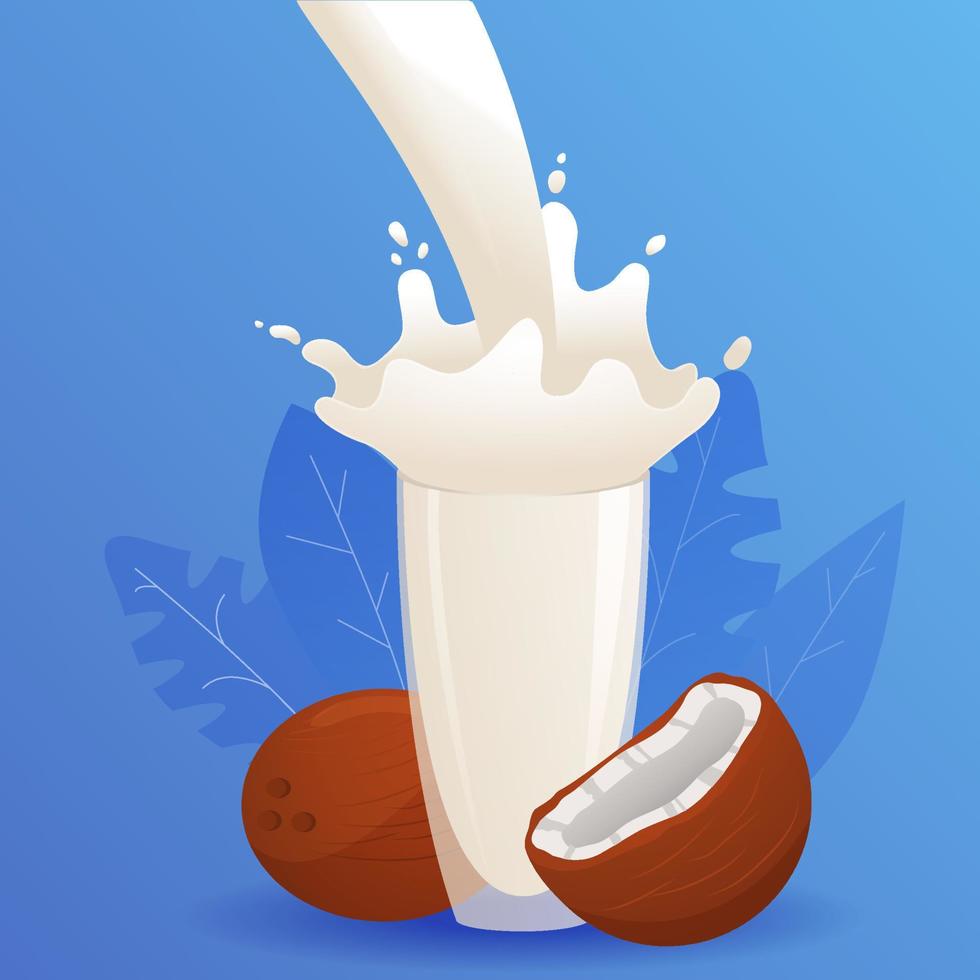 Glass of coconut milk splash. Vegetable nut drink. Realistic vector illustration.A drink for vegans and vegetarians. Vegetable milk.