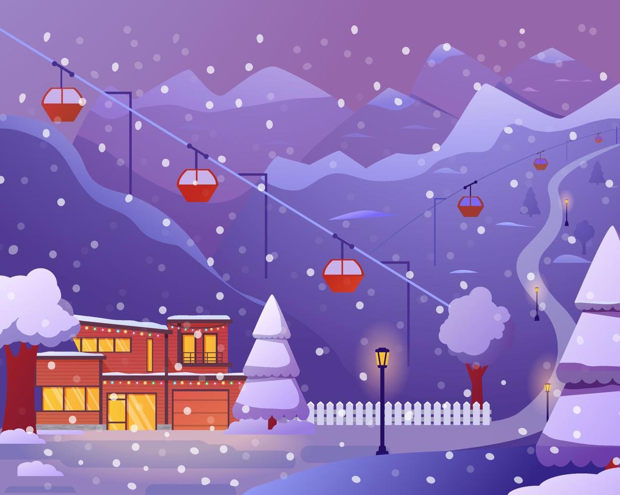 Ski resort with hotel,cableway.Falling snow, Mountains winter.Flat illustration vector. vector