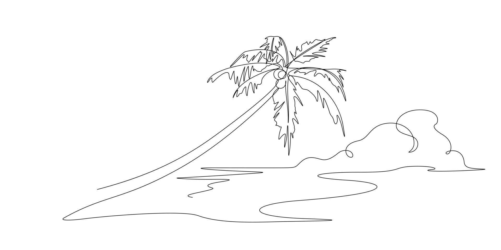 sea beach coconut tree scenes one line drawing illustration vector