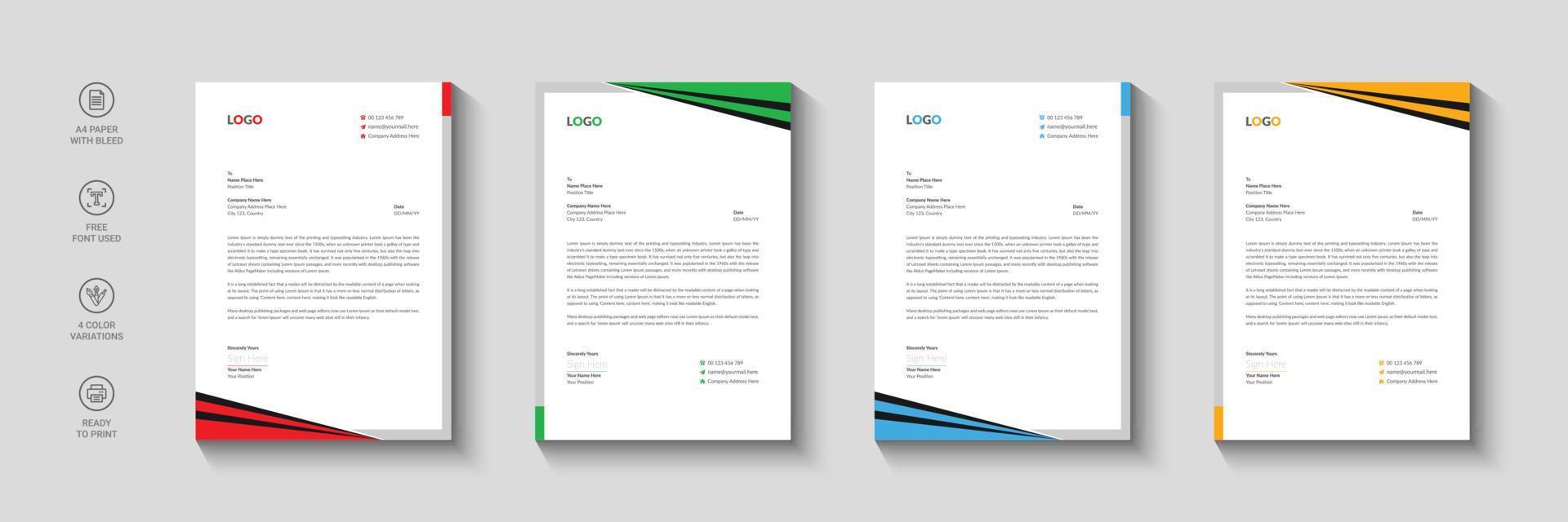 Business letterhead, Letterhead template with various colors, Letterhead template in flat style, Modern company letterhead template design vector