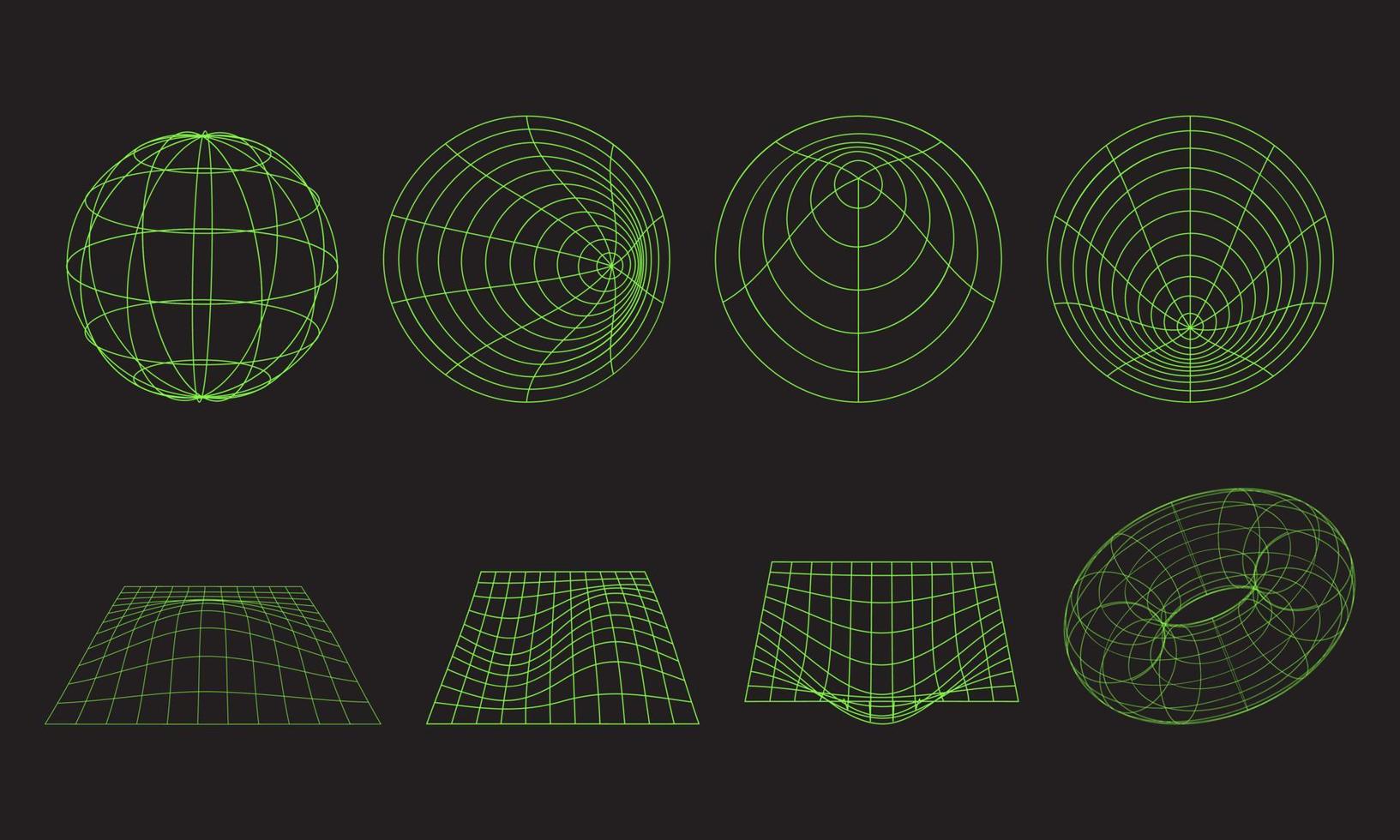 conjunto de formas geométricas de estructura alámbrica en diferentes formas sobre fondo negro. forma geométrica del contorno verde resaltador. forma poligonal para su proyecto. 3d. ilustración vectorial vector