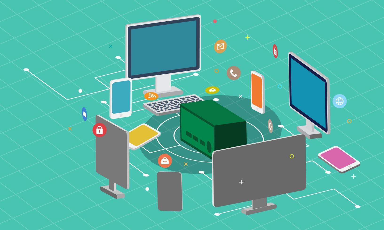 Data center technology isometric vector illustration. Technology cartoon template