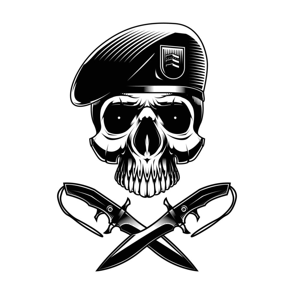 Calavera de sargento con ilustración de vector de cuchillo dual