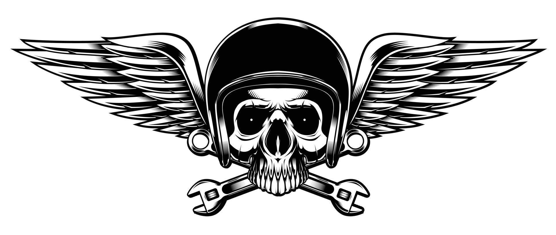 Skull Biker with The Wings Monochrome Emblem vector