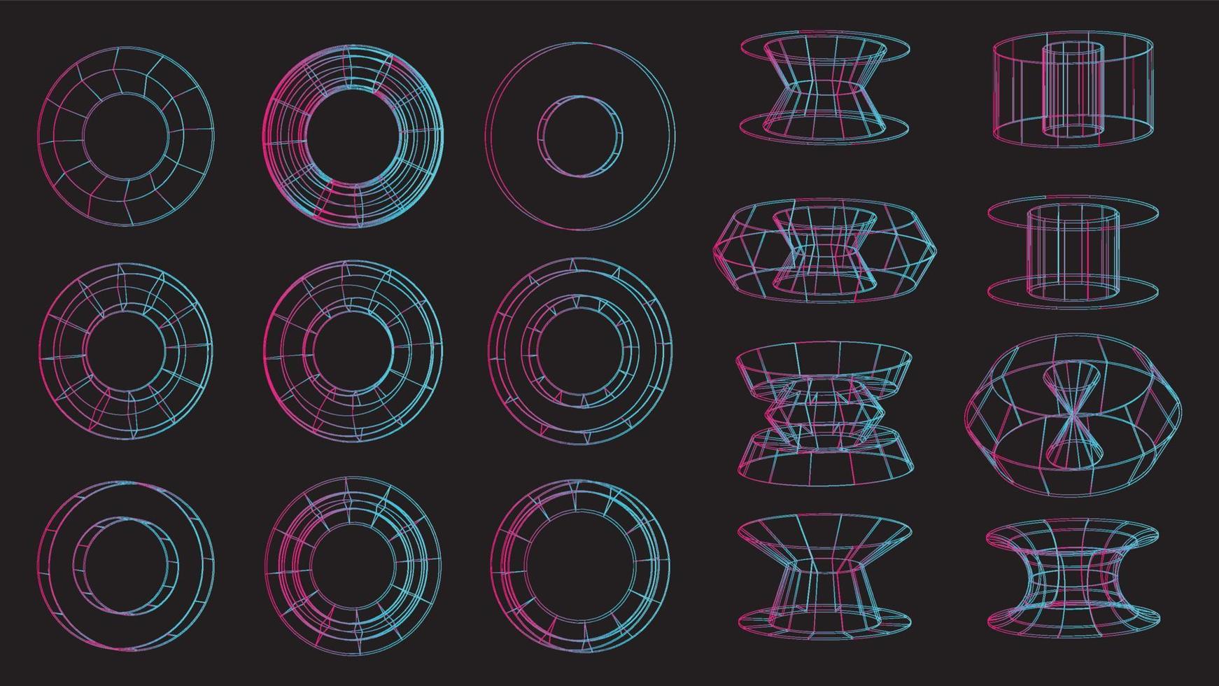 Set of abstract geometric technology elements in cyberpunk style. Retro vintage collection 3d virtual digital design. Texture 80s vr. Futuristic metaverse pattern. Vector isolated template background