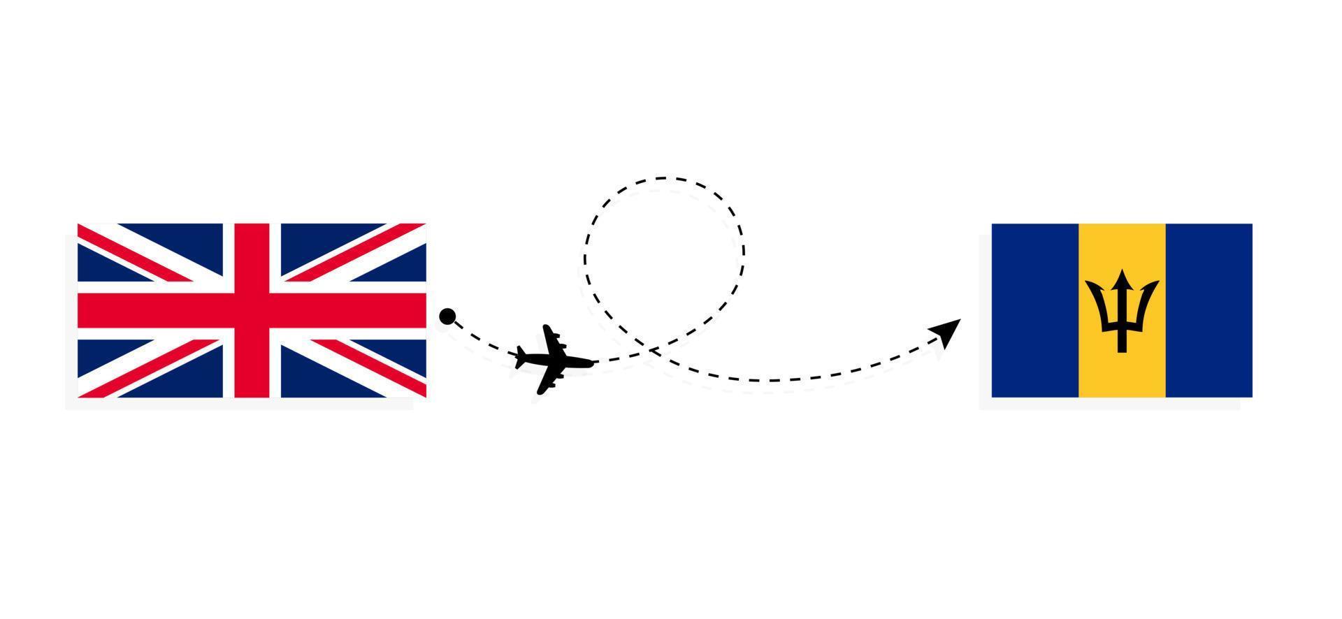 Flight and travel from United Kingdom of Great Britain to Barbados by passenger airplane Travel concept vector