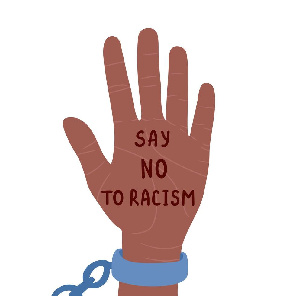 Say No to Racism, hand in chains. Illustration for printing, backgrounds, covers, packaging, greeting cards, posters, stickers, textile and seasonal design. Isolated on white background. vector