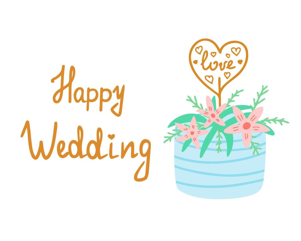 Happy wedding. Wedding cake. Illustration for printing, backgrounds, covers, packaging, greeting cards, posters, stickers, textile and seasonal design. Isolated on white background. vector