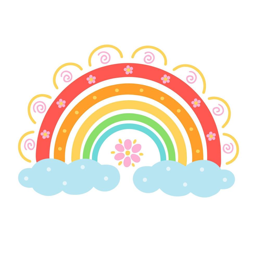 Cute rainbow with flowers. Illustration for printing, backgrounds, covers, packaging, greeting cards, posters, stickers, textile and seasonal design. Isolated on white background. vector