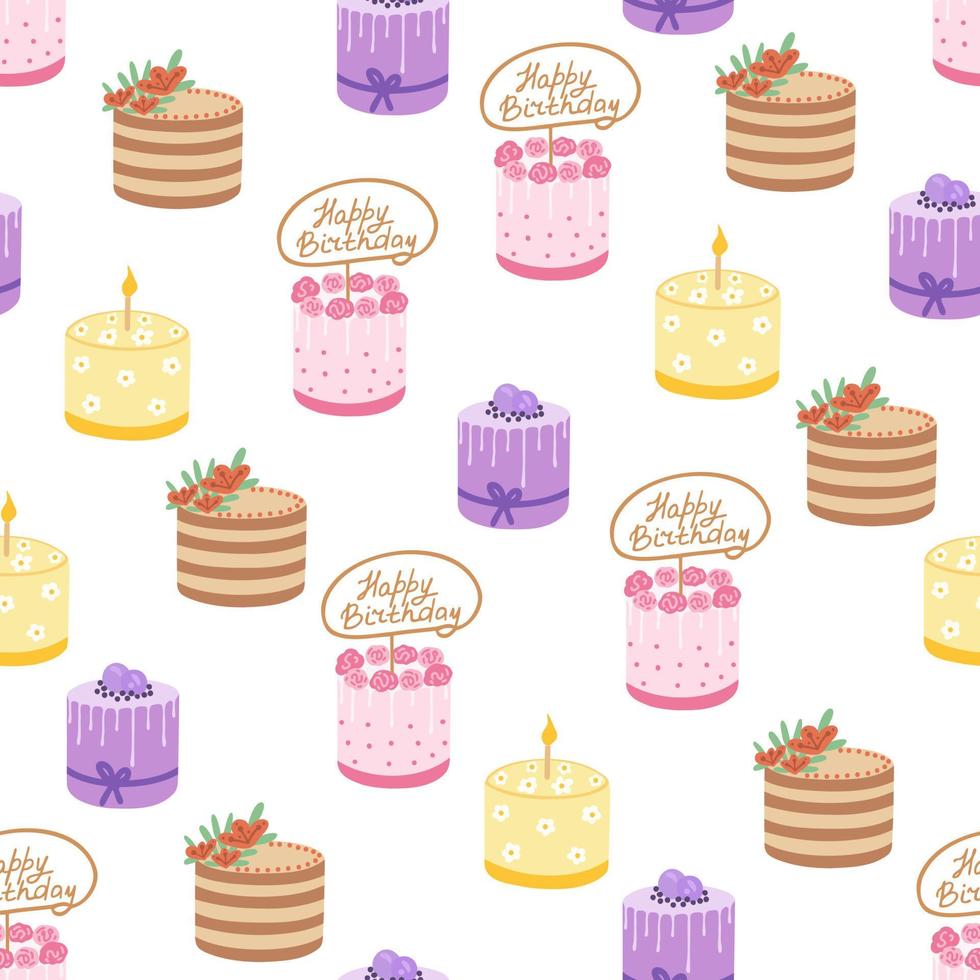 Cute cake seamless pattern. Illustration for printing, backgrounds, covers, packaging, greeting cards, posters, stickers, textile and seasonal design. Isolated on white background. vector