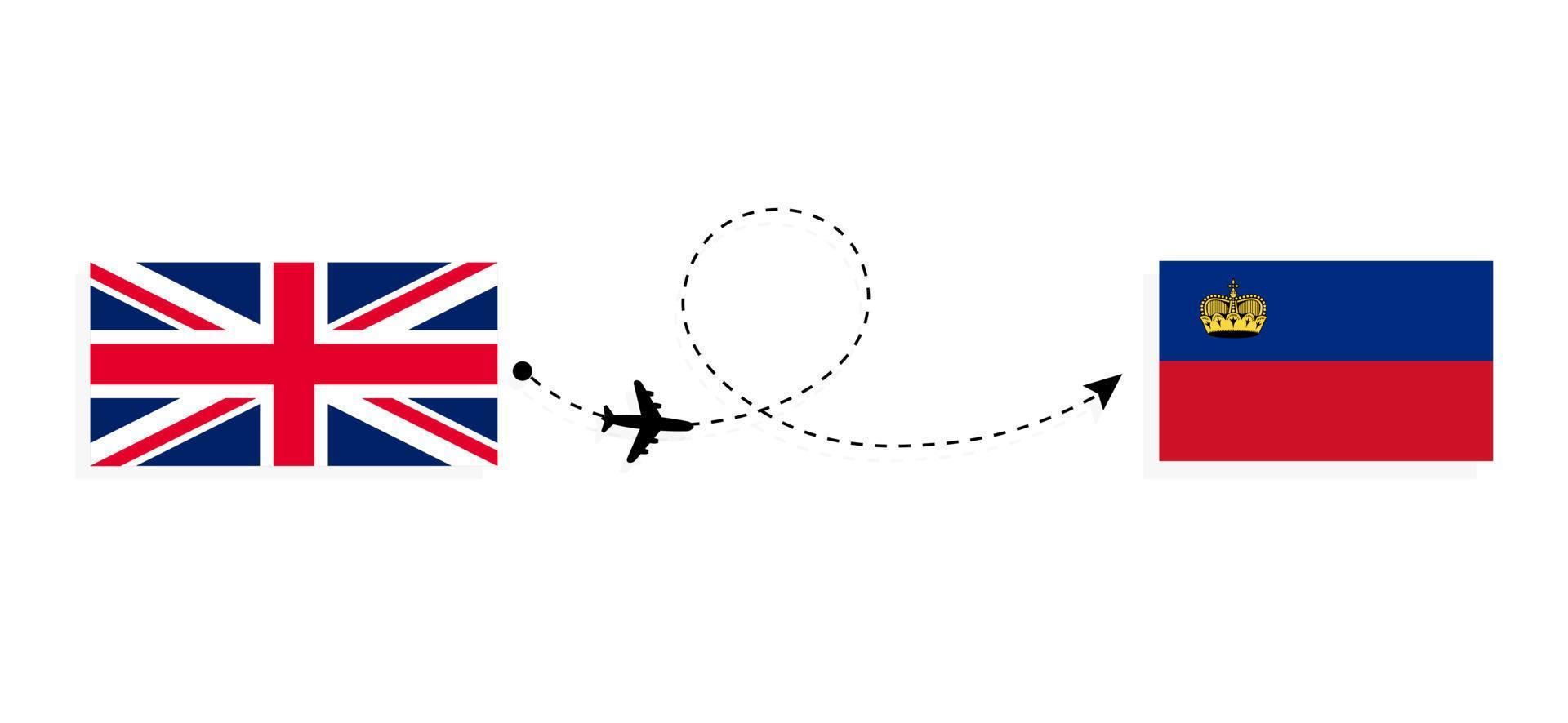 Flight and travel from United Kingdom of Great Britain to Liechtenstein by passenger airplane Travel concept vector