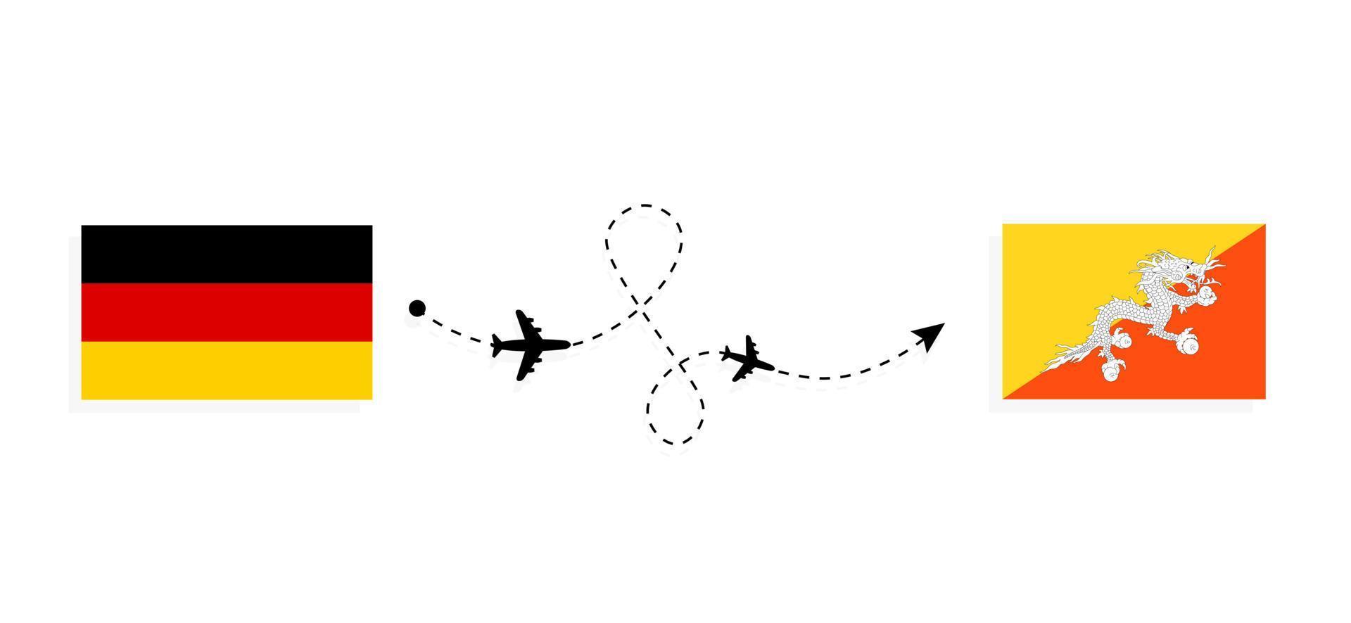 Vuelo y viaje desde Alemania a Bután en avión de pasajeros concepto de viaje vector