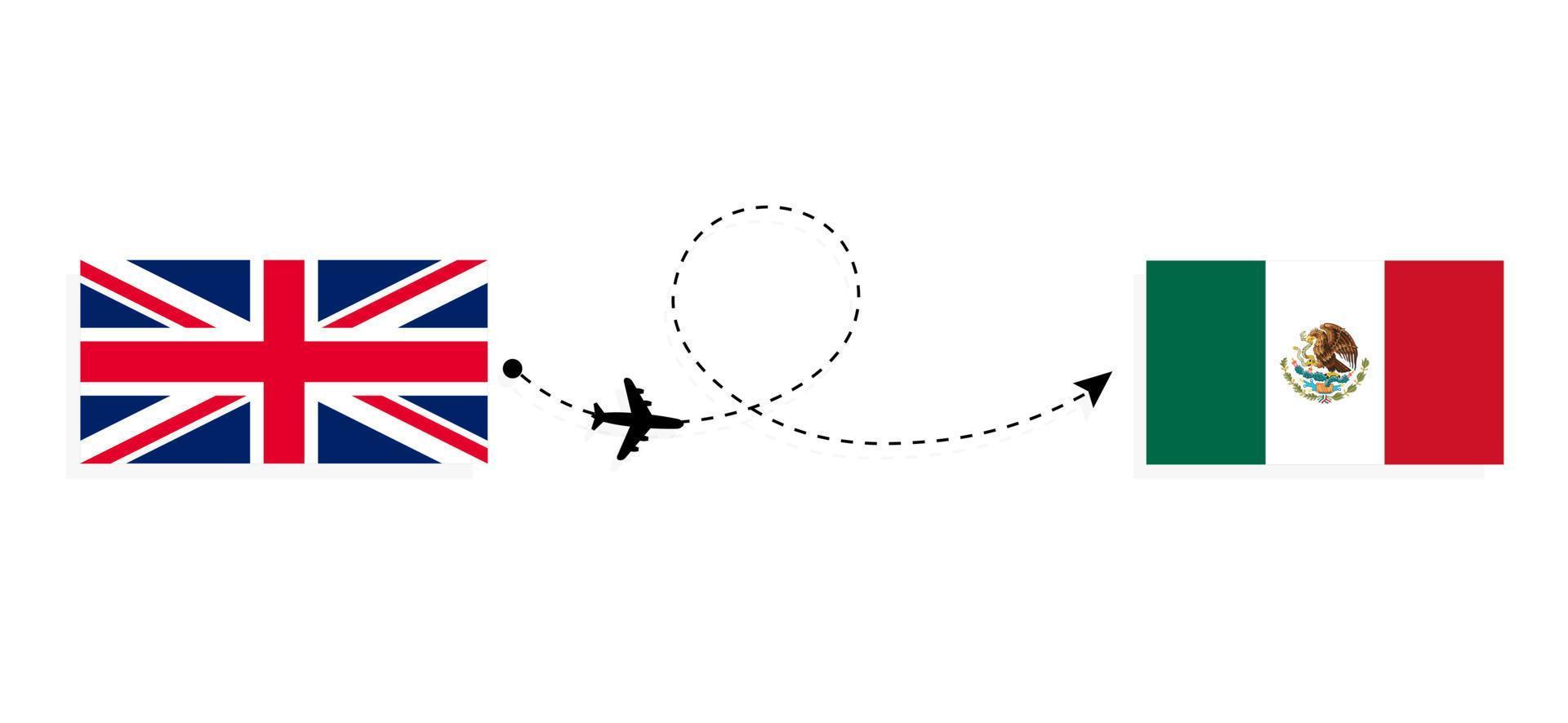 vuelo y viaje desde el reino unido de gran bretaña a méxico en avión de pasajeros concepto de viaje vector