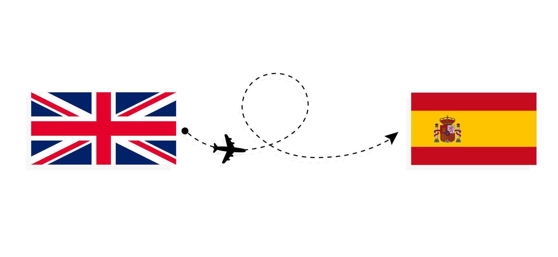 vuelo y viaje desde el reino unido de gran bretaña a españa en avión de pasajeros concepto de viaje vector