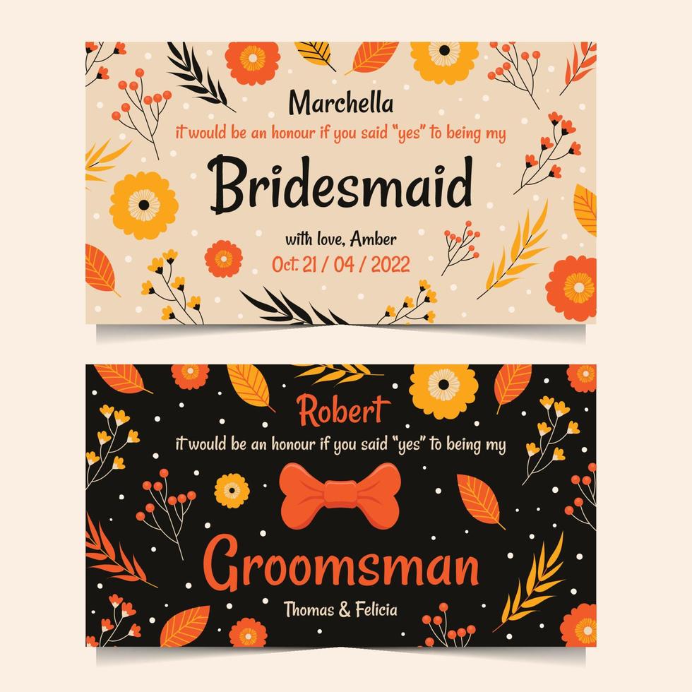 Bridesmaid and Groomsman Card Invitation with Cute Floral vector