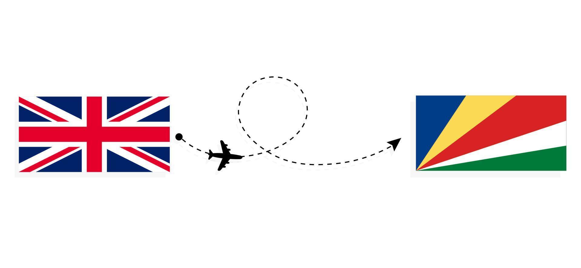 Flight and travel from United Kingdom of Great Britain to Seychelles by passenger airplane Travel concept vector