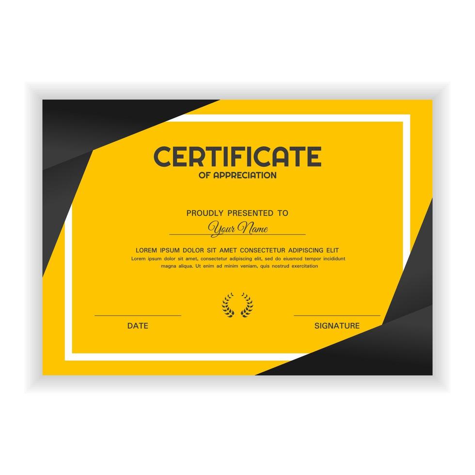 plantilla de premio de certificado de reconocimiento creativo con color amarillo vector