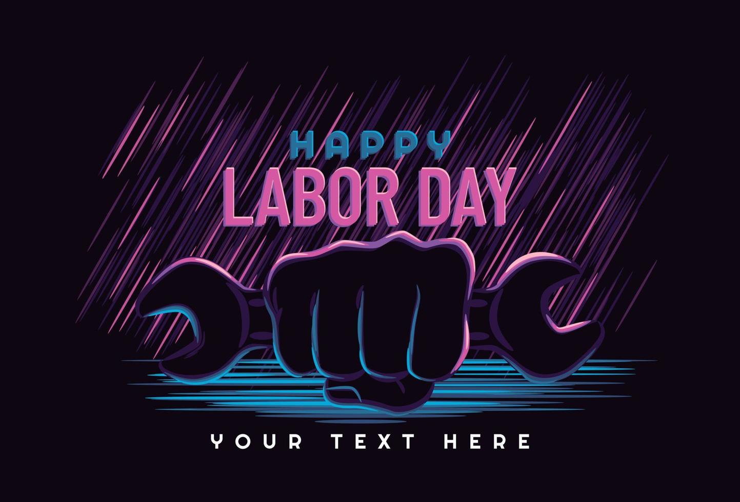 Labour day poster or banner with clenched fist holding wrench. neon style. vector illustration.