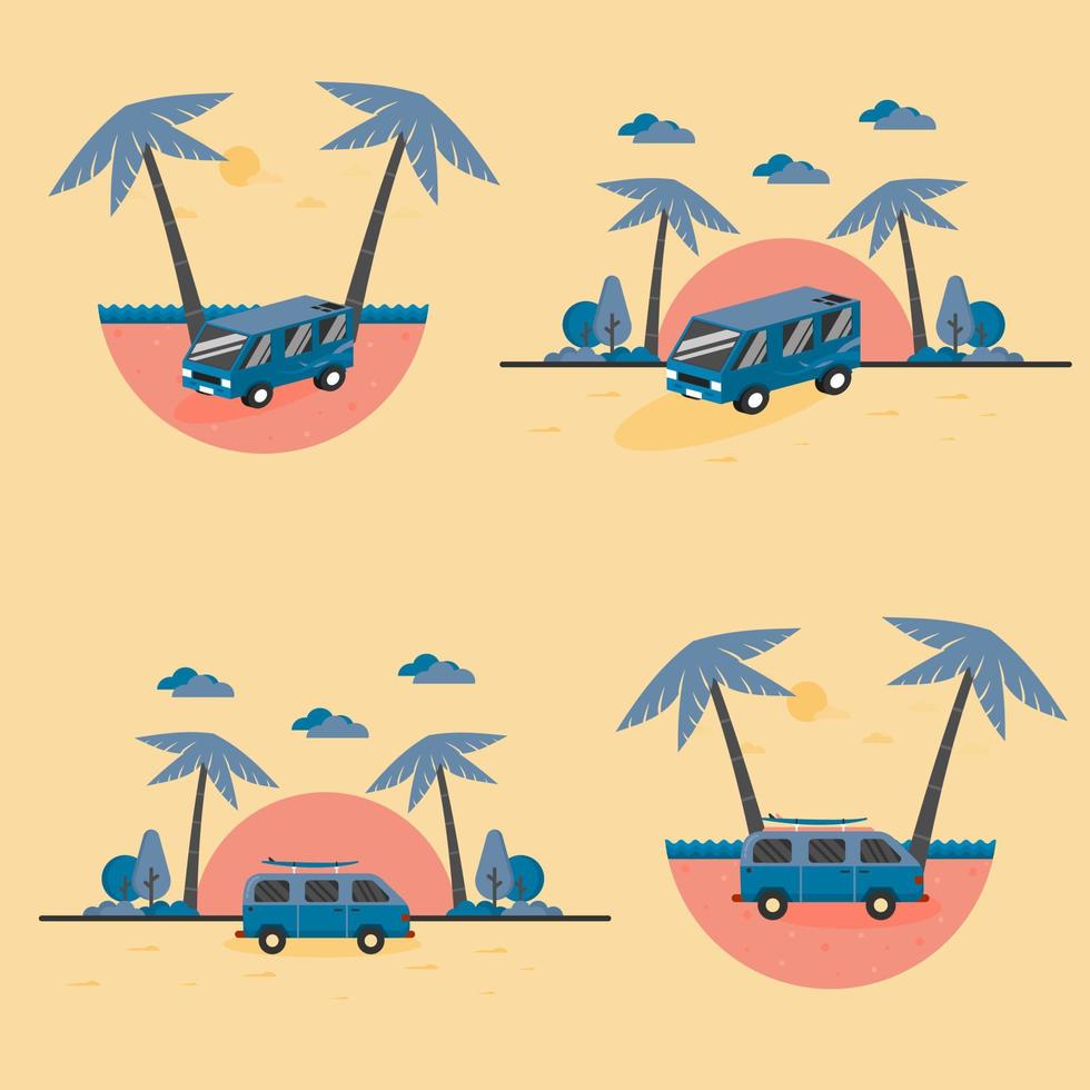 Illustration vector graphic of summer holiday concept, van car with beach background. good for web landing page