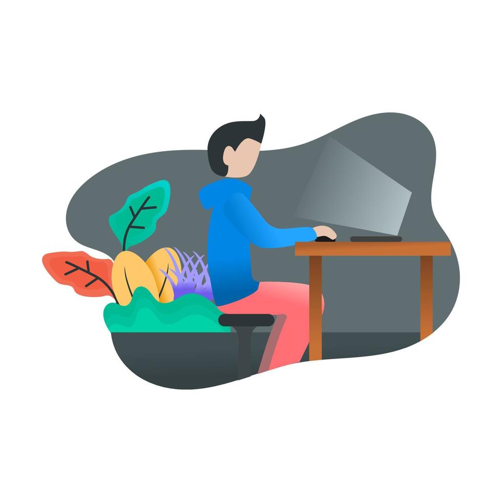 vector illustration of man looking to computer flat design style