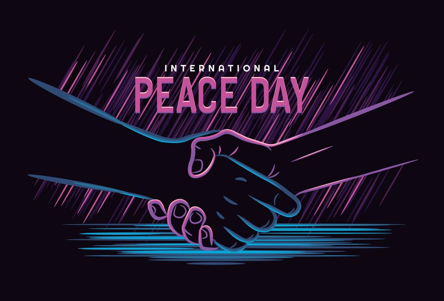 día de la paz, concepto. 21 de septiembre día internacional de la paz. ilustración de línea de apretón de manos con estilo neón, símbolo. ilustración vectorial mano aislada sobre fondo oscuro vector