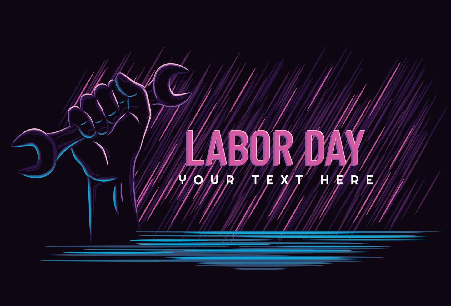 Labour day poster or banner with clenched fist holding wrench. vector illustration