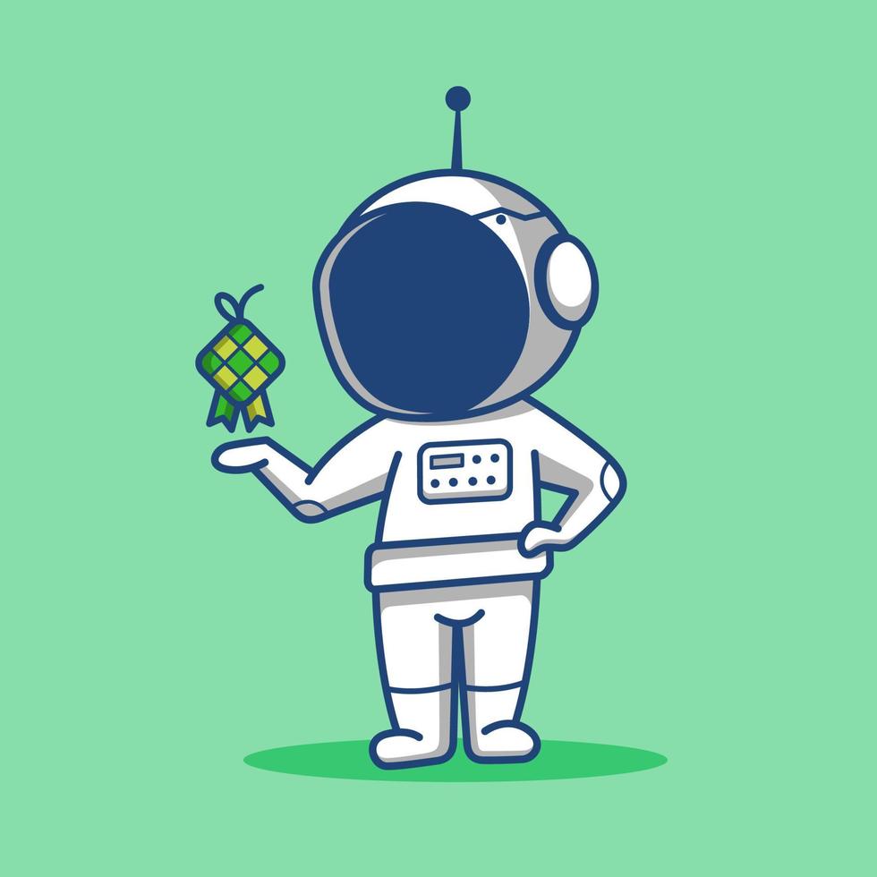 astronauta chibi de dibujos animados con ketupat en la mano vector