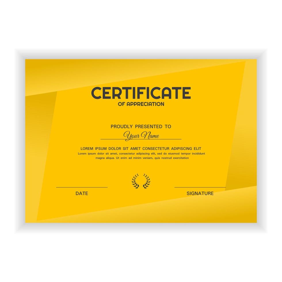 plantilla de premio de certificado de reconocimiento creativo con color amarillo vector