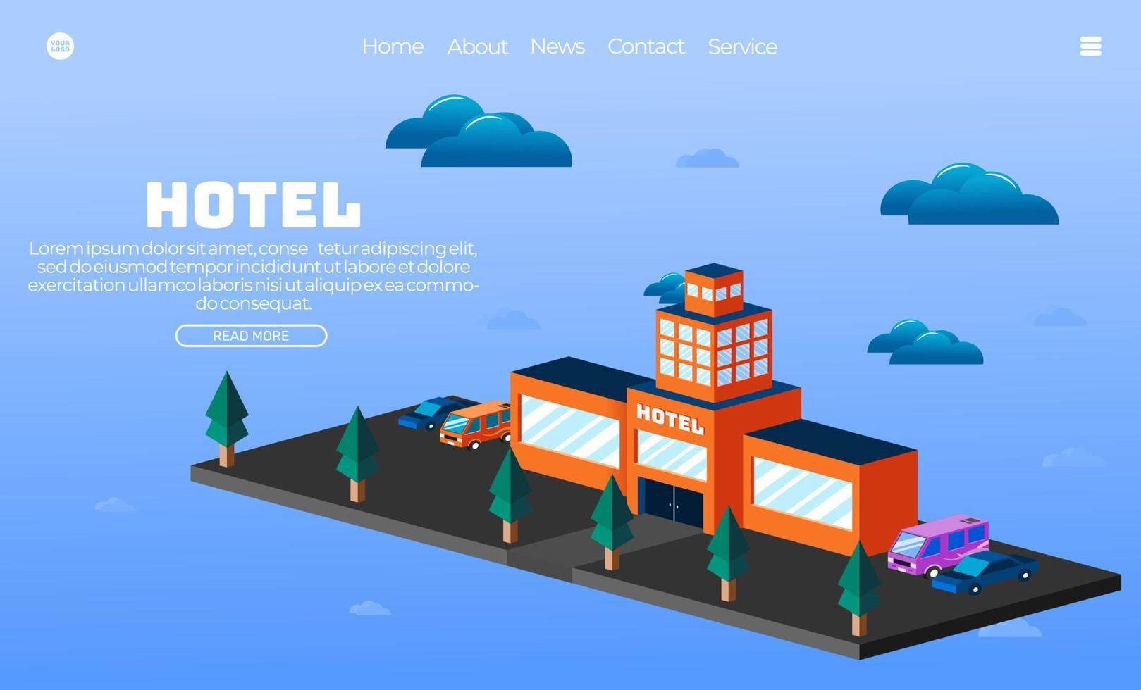 Illustration vector graphic of hotel buildiing isometric style.Perfect for web landing page, banner, poster.etc