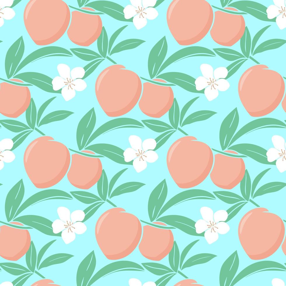 Juicy peaches and flowers seamless summer pattern vector