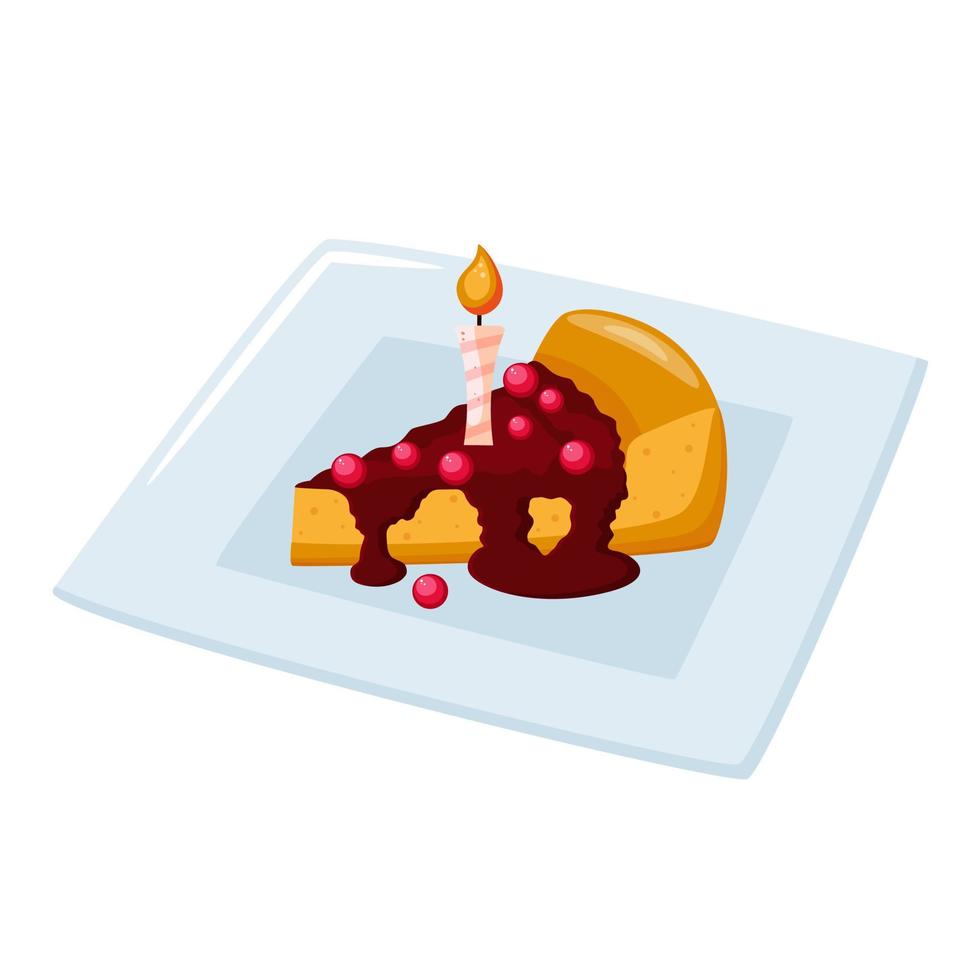 Piece cake with berries and candle on plate isolated vector illustration