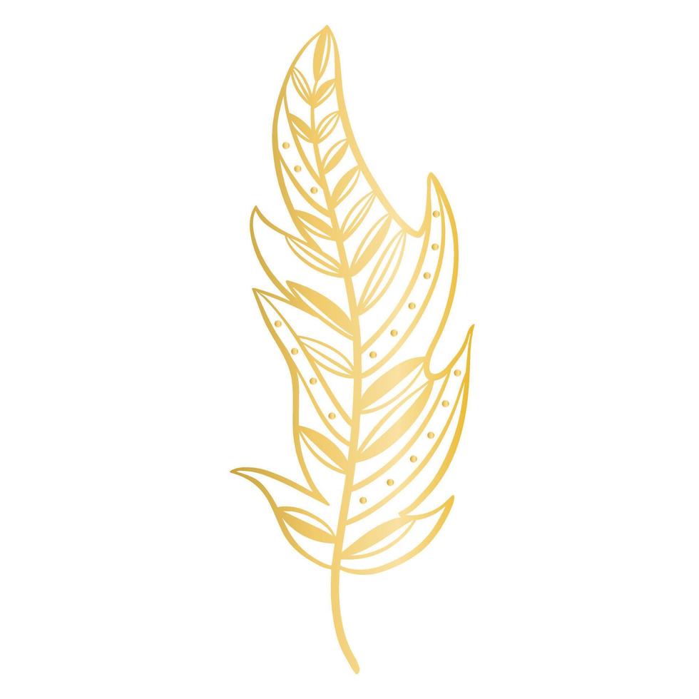 Luxury golden feather decorated with line and dots isolated vector illustration