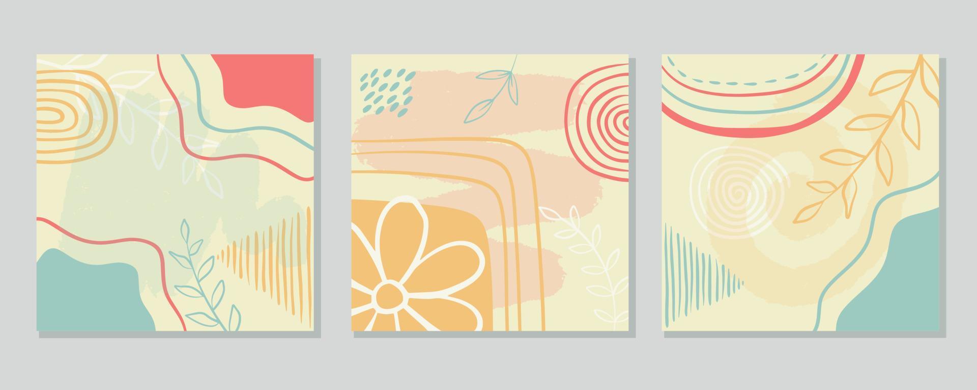 Set square abstract backgrounds with geometric and botanical elements vector