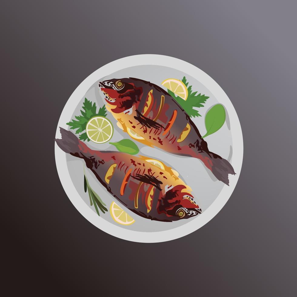 plato de pescado sabroso marisco con limón vector