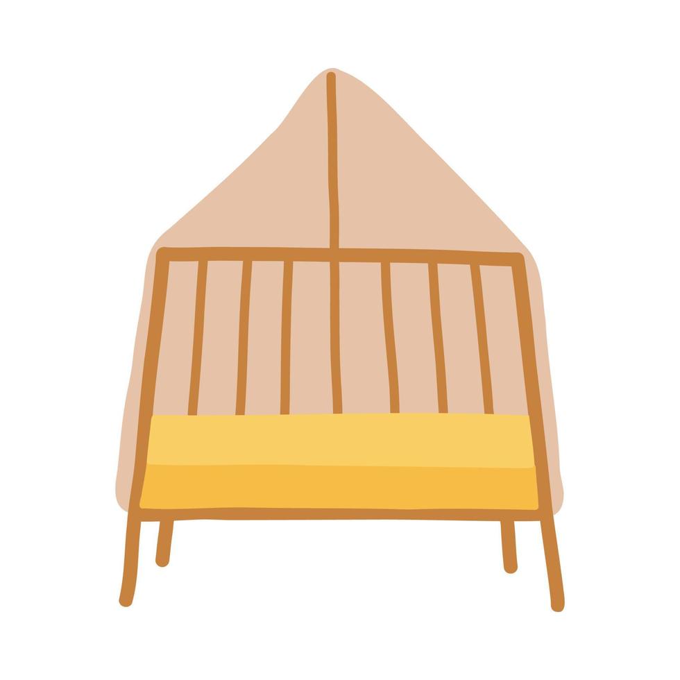 Baby wooden crib with yellow mattress in boho hand drawn style vector