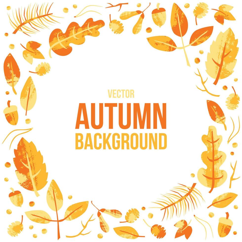 Vector autumn design template with stamp textured leaves. Hand drawn colorful vector illustration