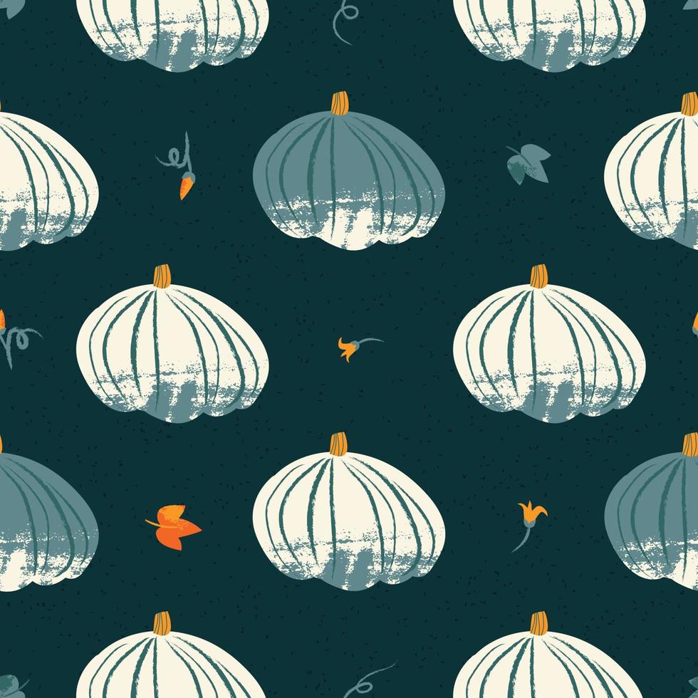 Seamless pattern with textured pumpkin in pastel colors on dark background. Hand drawn colorful vector illustration. Craft stamp style. Halloween or harvest background