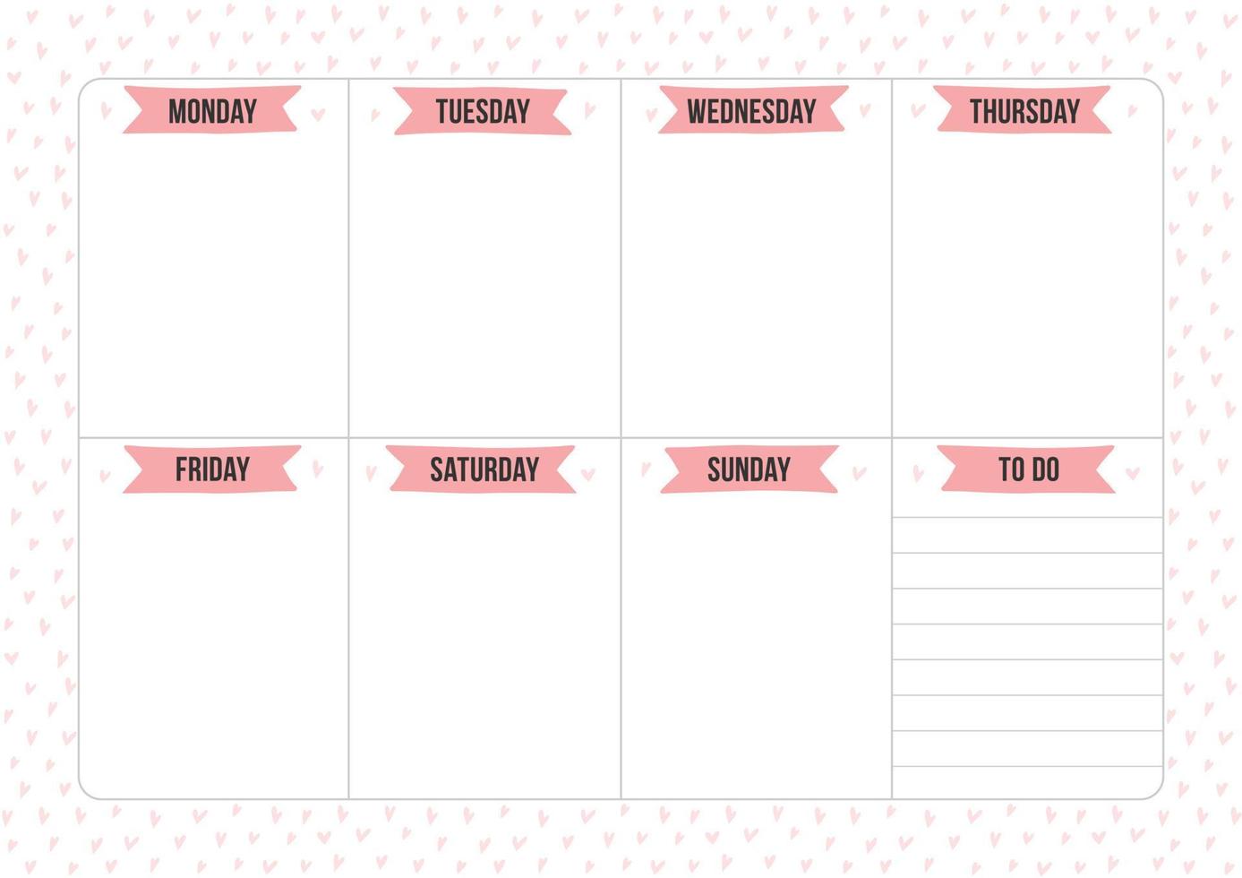 Weekly planner page with place for notes. Vector layout sheet with hearts background. Template for organizer, notes, print, office and school