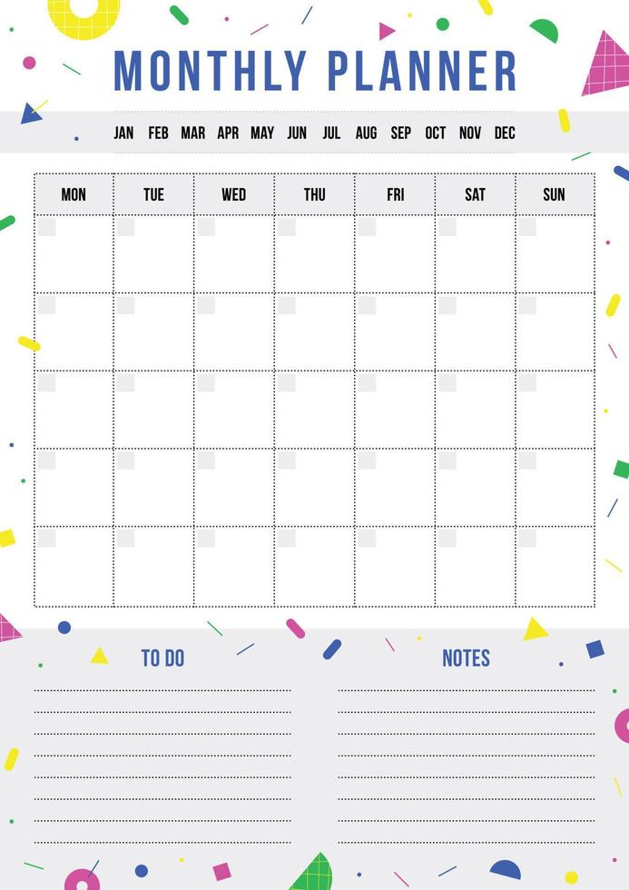 Weekly planner page with geometric shape. Template for organizer, notes. Vector background