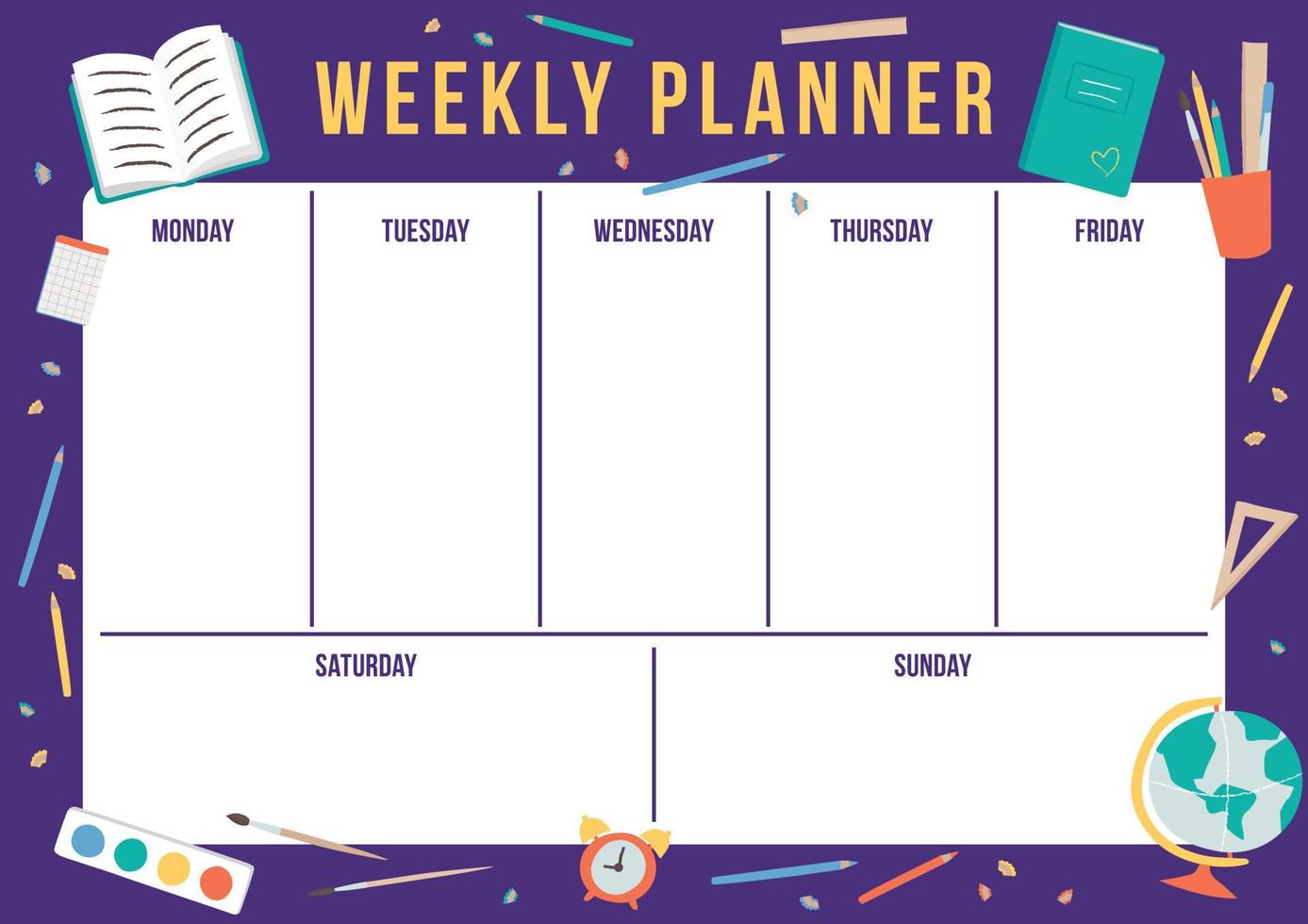 Cute weekly planner with hand drawn school elements. Template with place for notes. Vector illustration for print, office, schoo