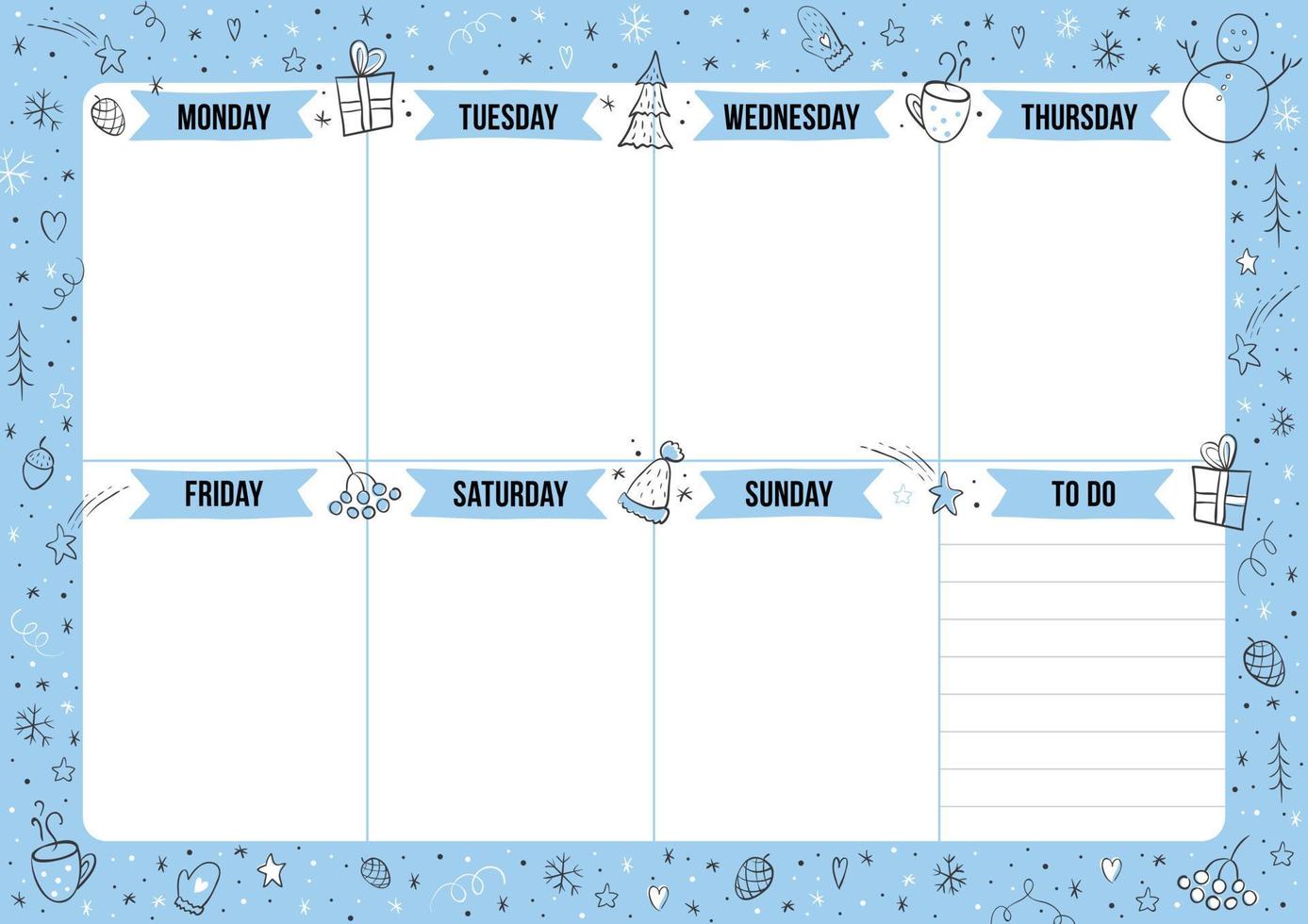 Winter weekly planner with doodle elements. Template with place for notes. Vector illustration for print, office, school