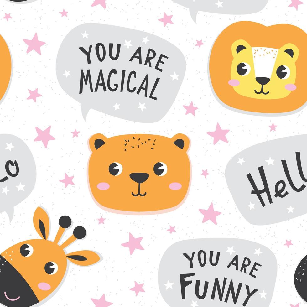Seamless pattern with cartoon animals and hand draw lettering. Cute baby background, stamp texture. Vector illustration