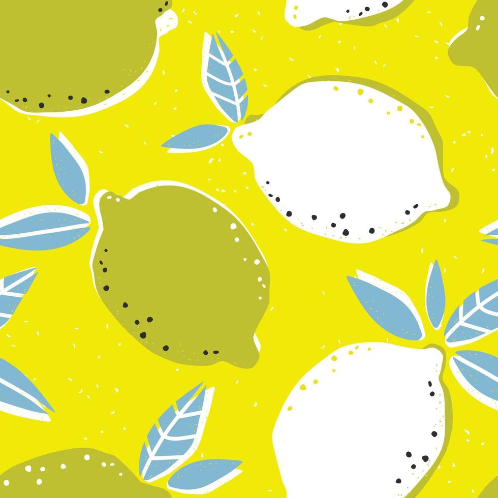 Summer seamless pattern with hand drawn fresh lemon and leaves. Vector illustration craft stamp style.