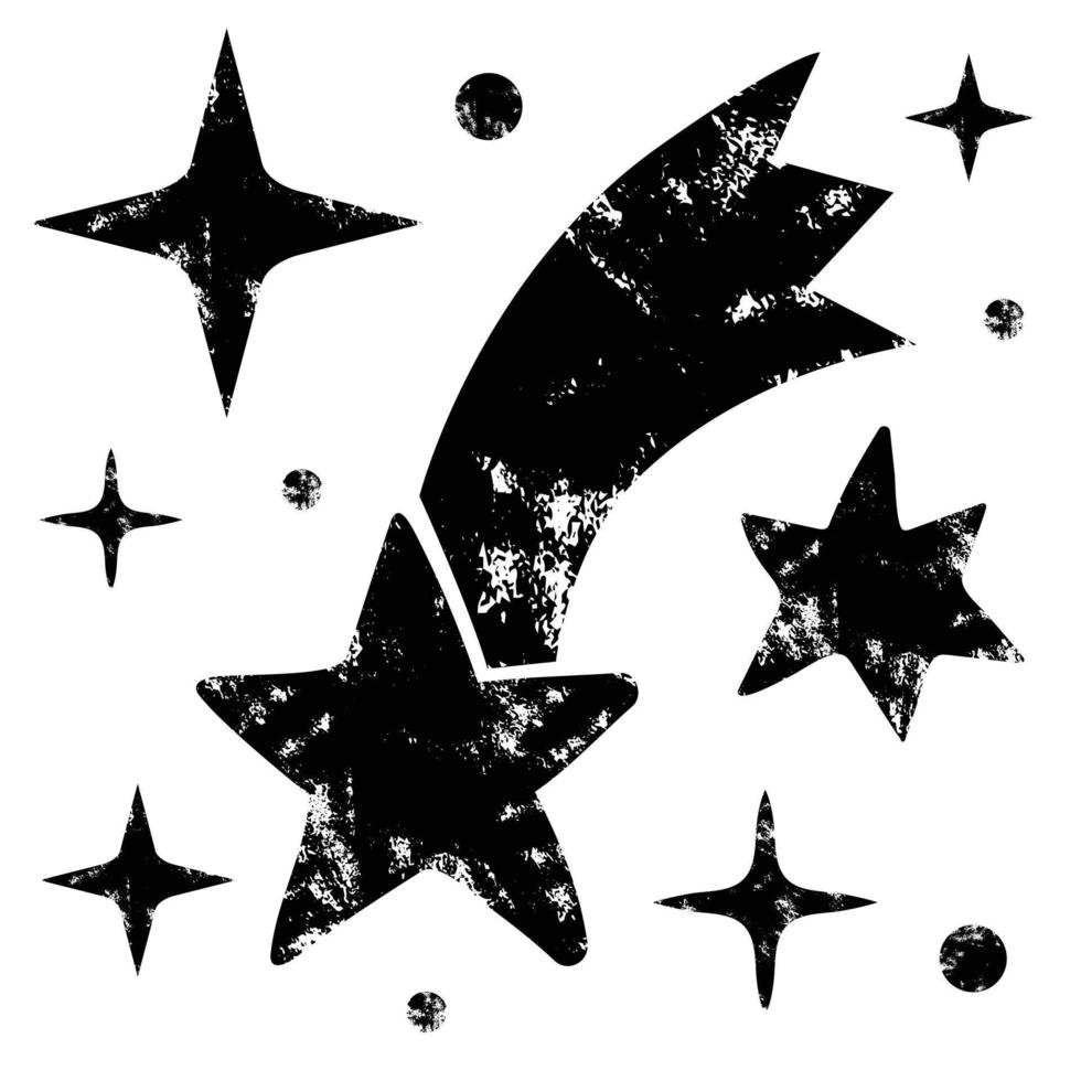 Set of grunge stars isolated on white background. Vector illustration with symbol of stars. Black and white stamp brush textured icon