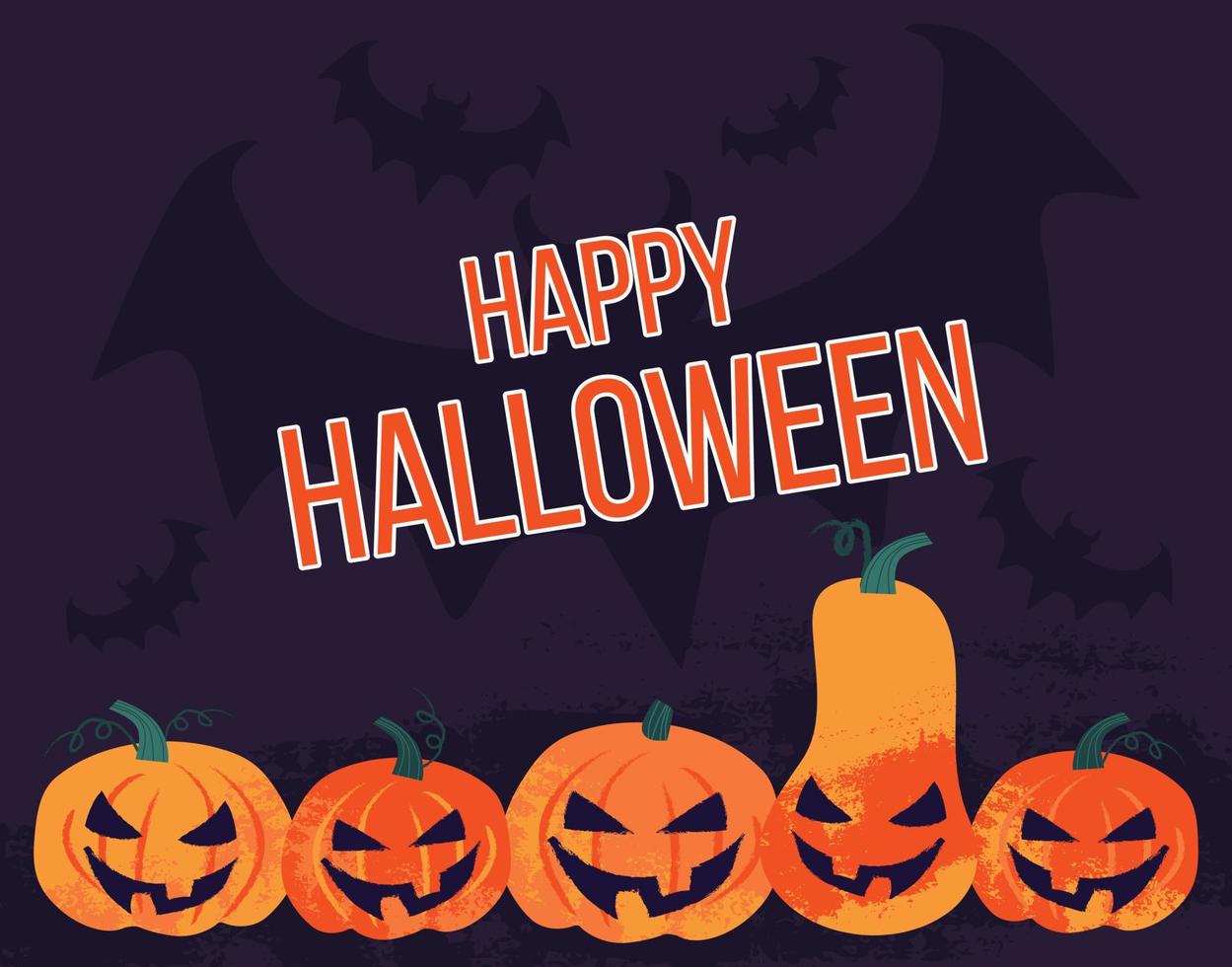 plantilla de diseño de vector lindo feliz halloween con calabaza y murciélago sobre fondo oscuro. ilustración vectorial colorida dibujada a mano
