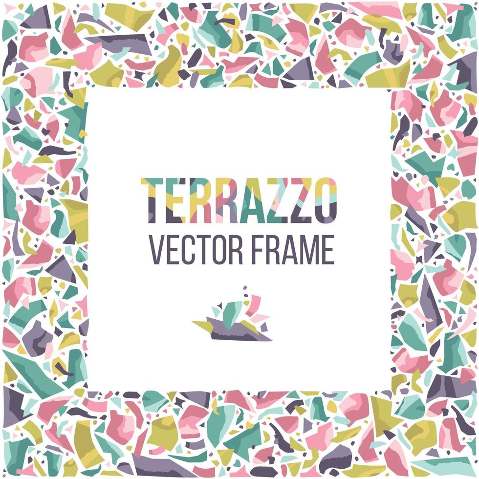 Hand drawn square frame in terrazzo style, colorful border with space for text. Abstract stones ornament, decorative design element for banner, print, card and web. Vector illustration