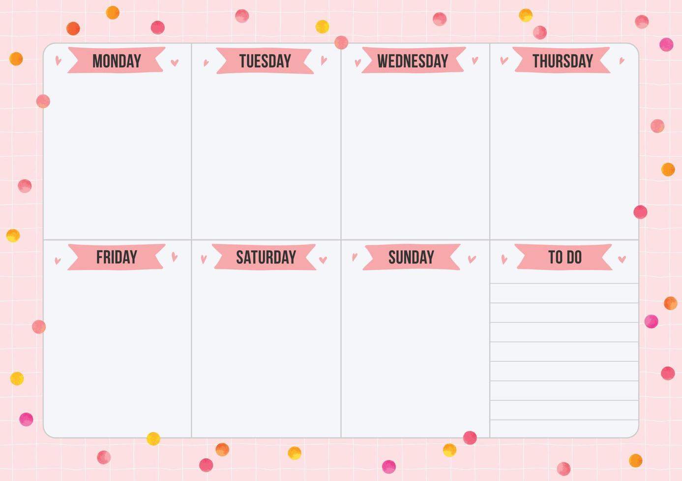 Weekly planner with watercolor dots in minimalism style. Layout sheet with place for notes. Vector template page for print, office, school