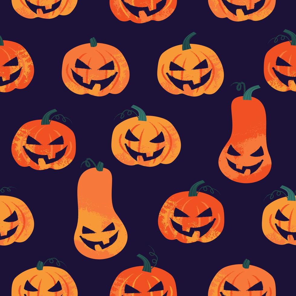 Seamless pattern with orange halloween pumpkins in stamp style. Vector illustration for scrapbook, paper, textile print, posters. Halloween background for decoration