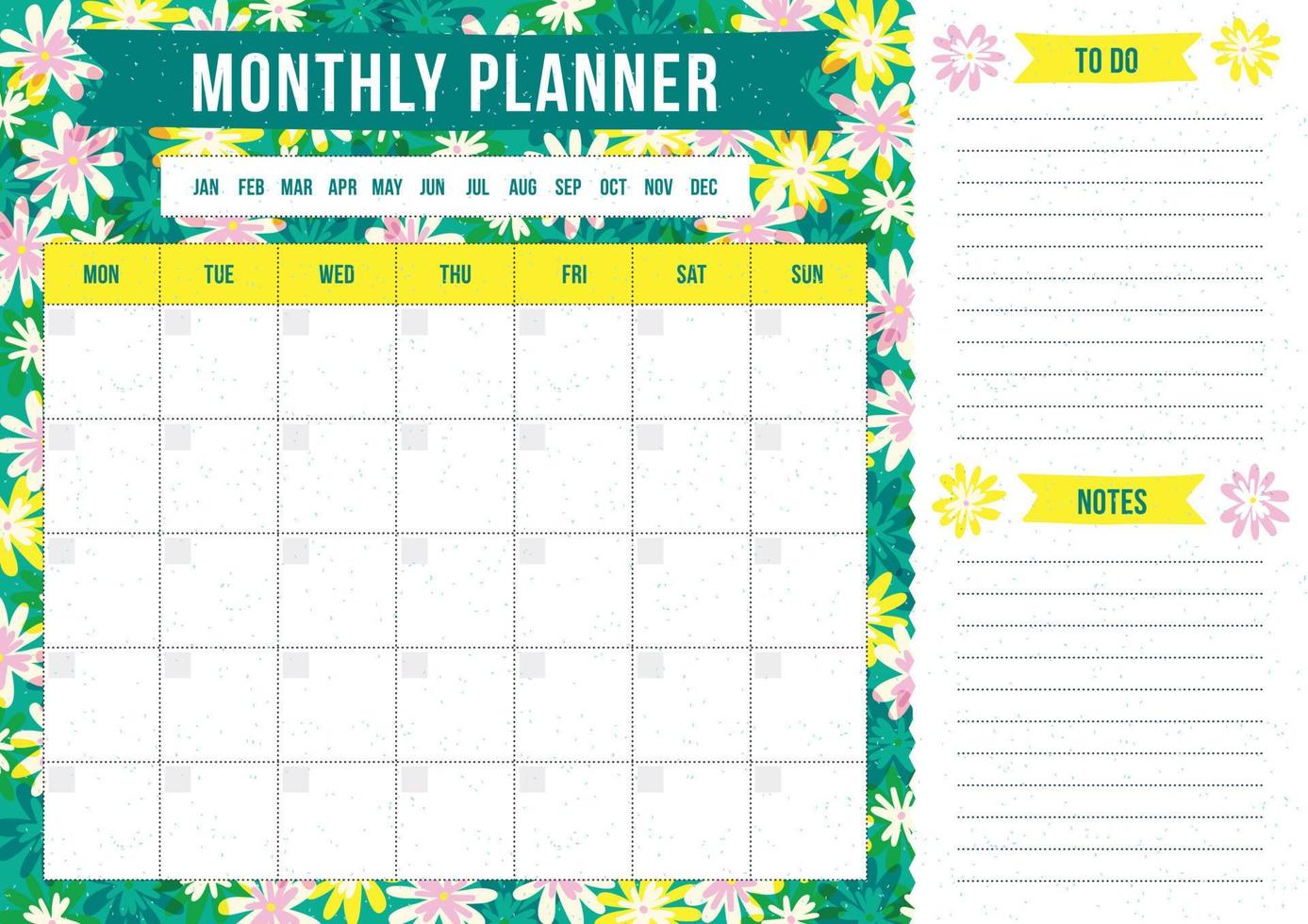 Spring monthly planner with flower on green background. Modern template with place for notes. Vector illustration for print, office, school